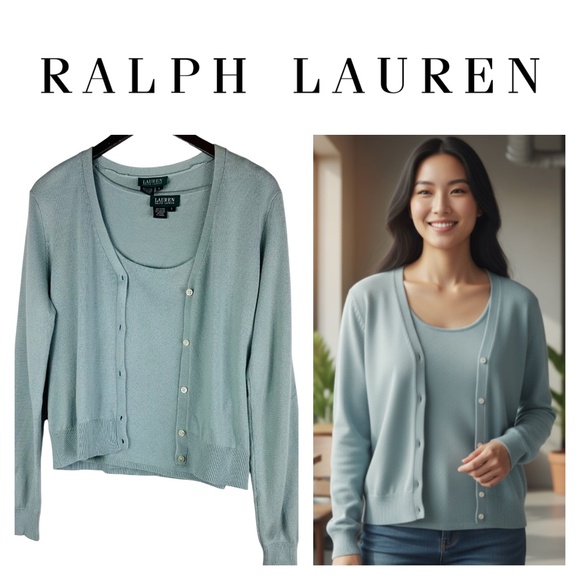 Ralph Lauren 2 pc Sweater Cardigan Tank Twinset Large 12 14 Silk Cashmere Teal - Picture 1 of 7